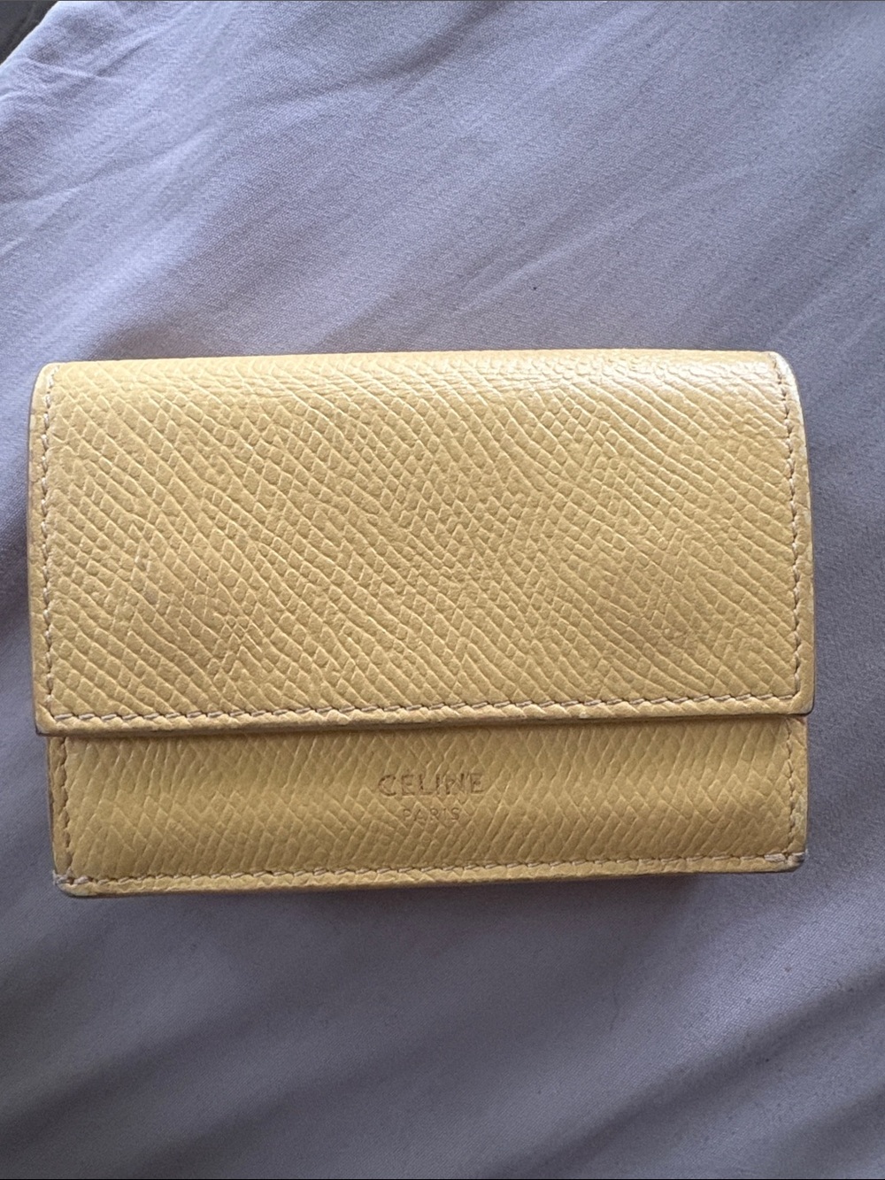 Authentic CELINE Small Trifold Wallet Yellow Textured Leather